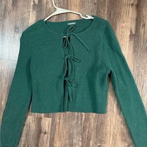 Green Ribbed Tie-Front Sweater